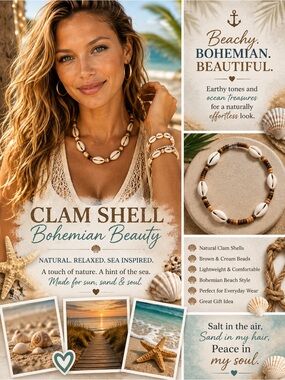 Brown and Cream Clam Shell Beaded Necklace Bohemian Jewelry